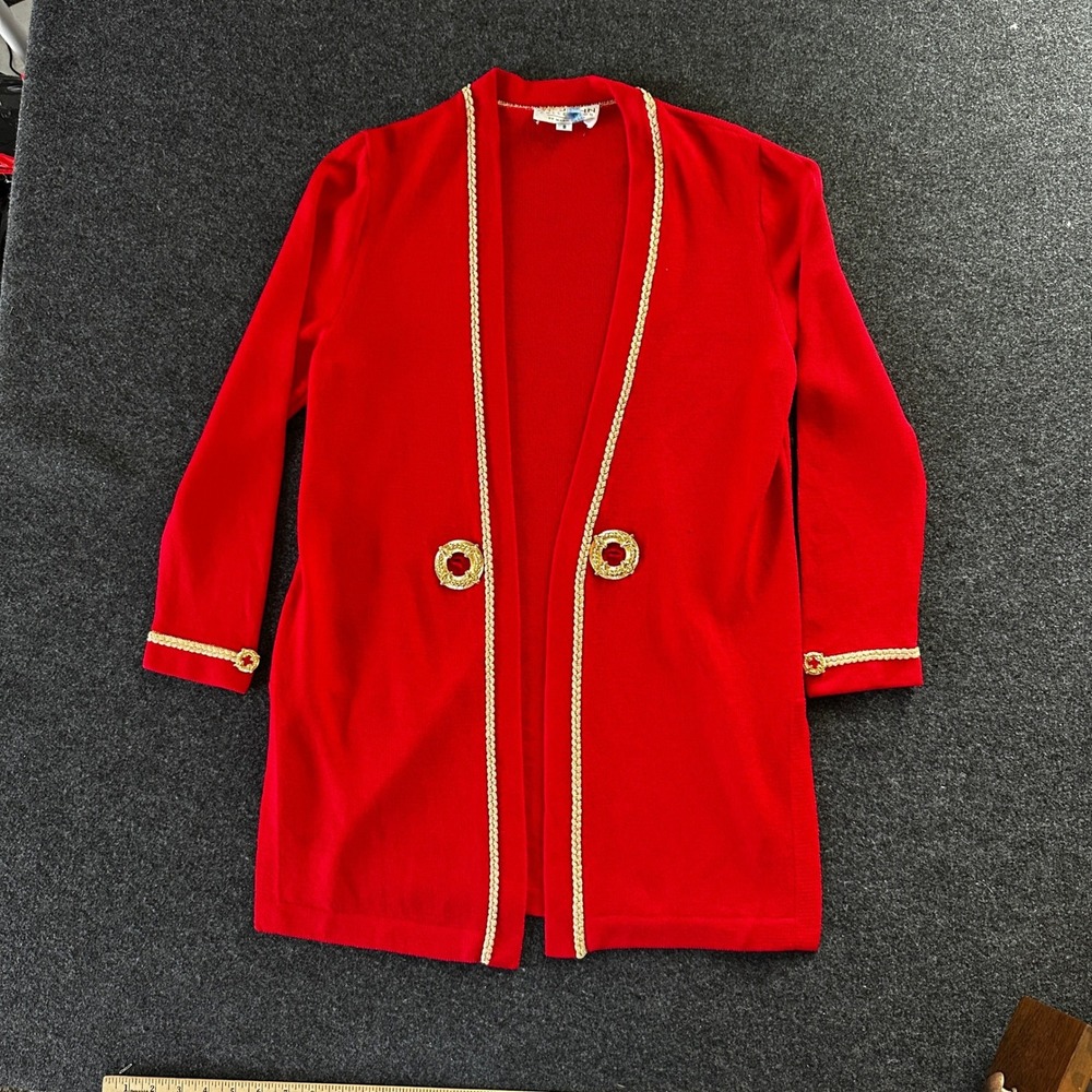 St John Collection Marie Gray Red Knit Cardigan Gold Trim Metallic Size 8